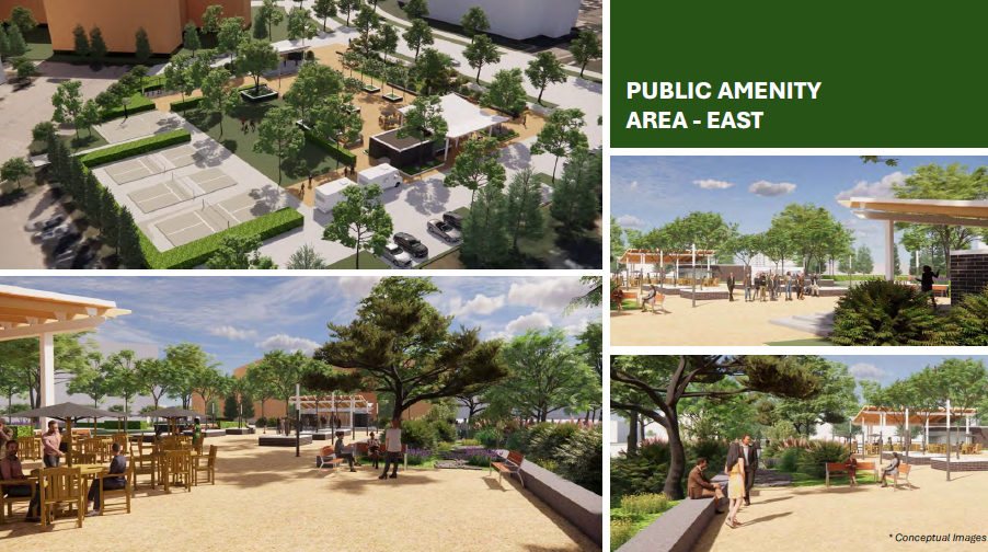 A few renderings of possible concepts, including pickleball courts and a small performance stage