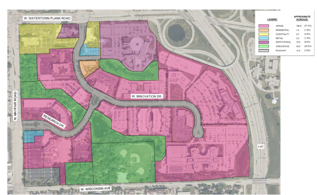 A map showing current uses, such as office, residential, retail, and roadway
