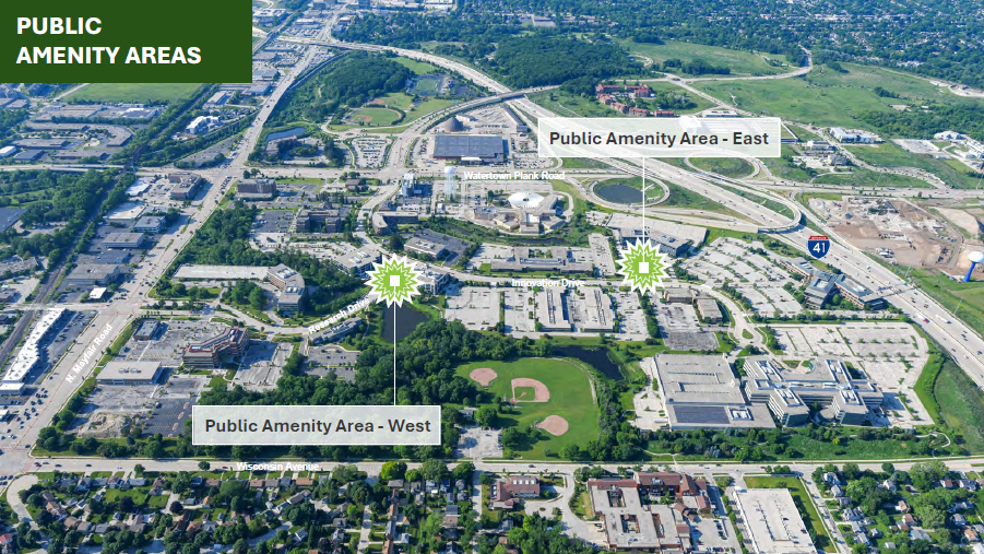 A map that shows two spots for public amenities locations - east and west