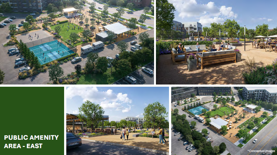 A slide that shows ideas for potential public amenities in the east, including pickleball courts, outdoor games, performance stage, and other ideas